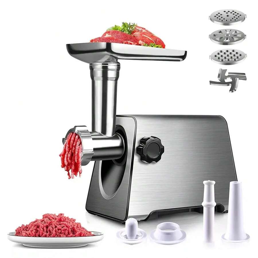 Picadora de Carne Automática Completa., Picadora de Carne Eléctrica, con 1 Bandeja de Picadora, 3 Placas de Corte, Empujador de Salchichas, Empujador de Alimentos, Consejos de Mezcla y Picado y Kit Kubbe, Potentes Picadoras de Acero Inoxidable para Cocina - Plateado - Ver 1
