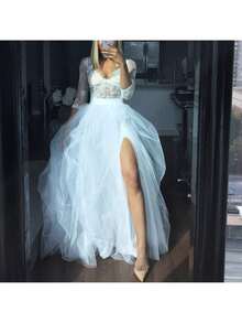 Women's Tulle Maxi Skirt Vestidos De Fiesta Elegantes Floor Length Layered Elastic High Waist Split Skirt A-Line Puffy Lace Mesh Tutu Skirt - 白色 - 查看 1