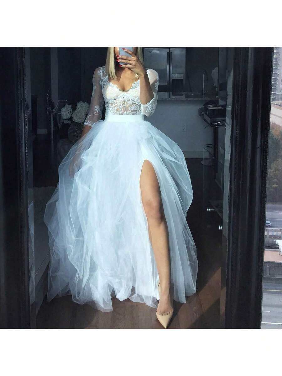 Women's Tulle Maxi Skirt Vestidos De Fiesta Elegantes Floor Length Layered Elastic High Waist Split Skirt A-Line Puffy Lace Mesh Tutu Skirt - 白色 - 查看 1