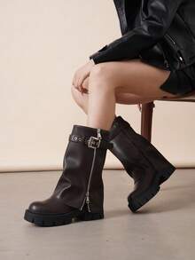 Personalità della moda femminile all-match: stivaletti marroni con suola spessa e stivali da lavoro con fibbia laterale - Castano - Visualizzare 3