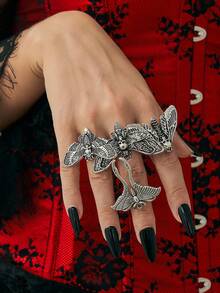 4pcs/Set Gothic Style Skull, Bat, Butterfly Design Rings, Personalized Fashion Metal Bee Element Rings, Jewelry Set For Women To Wear Daily And Festivals - Antique Silver - View 1