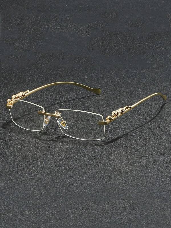 1 Pair Men's Metal Rectangular Frameless Leopard Temple Decor Fashion Casual Decorative Glasses, Suitable For Parties, Gatherings And Daily Wear
