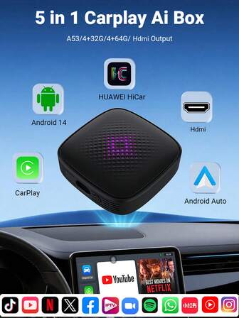 XUDA New 5-In-1 Carplay Ai Box Supports Hdni HD Output, Android 14/Carplay/Android Auto/HiCar, And Supports Switching Between Four Operating Systems 4+32GB/4+64GB Offers High Performance, Multi-Function, Stable And Smooth Operation Without Interruption, And Built-In Apps