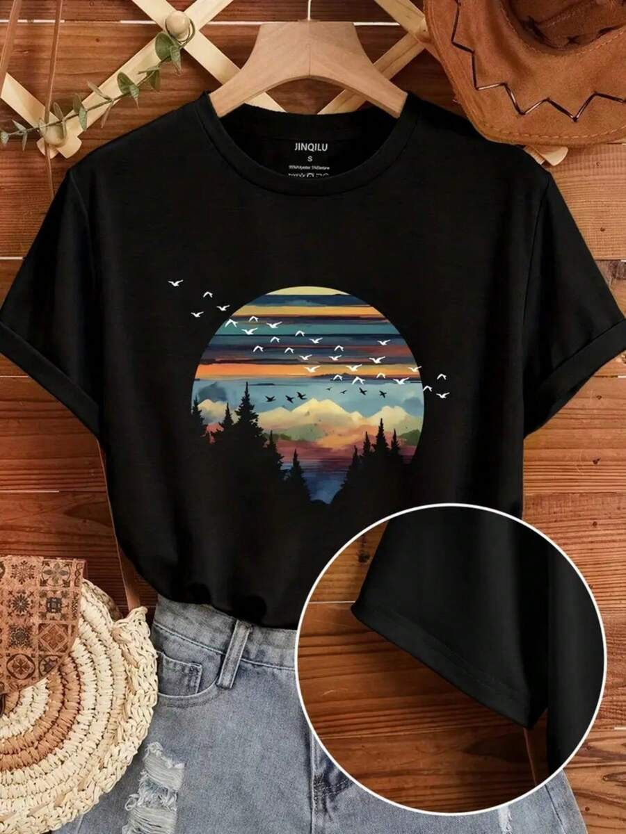 Autumn women's clothing, inspirational landscape illustration print, 180g pure cotton short sleeved women's T-shirt for autumn and winter seasons, suitable for sports, outdoor travel, and weekends, a great gift for holiday celebrations - Negro - Ver 1