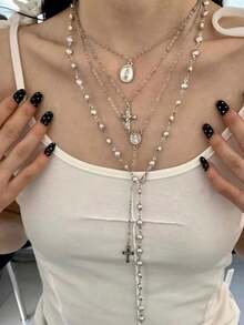 4 件 Y2K 十字架吊坠项链套装，珍珠多层项链，复古颈链，适合女士，适合派对和节日佩戴 - 彩色 - 查看 2