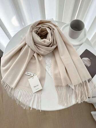 1pc Beige Wool Women's Winter Scarf Silky Soft Pashmina Feel Shawls And Wraps For Wedding And Gift Evening Dresses Travel Office Large Solid Color Tassel Scarves