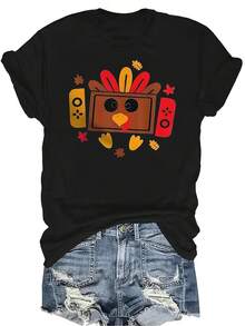 Camiseta con letras y patrones divertidos, unisex, de verano, casual, transpirable, con personalidad, cuello redondo, manga corta, ropa de calle, versátil, adecuada para adolescentes y adultos - Negro - Ver 1