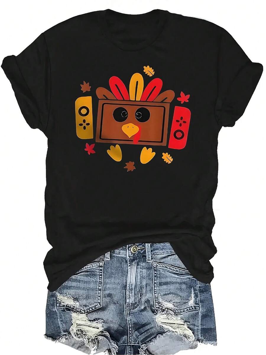 Camiseta con letras y patrones divertidos, unisex, de verano, casual, transpirable, con personalidad, cuello redondo, manga corta, ropa de calle, versátil, adecuada para adolescentes y adultos - Negro - Ver 1