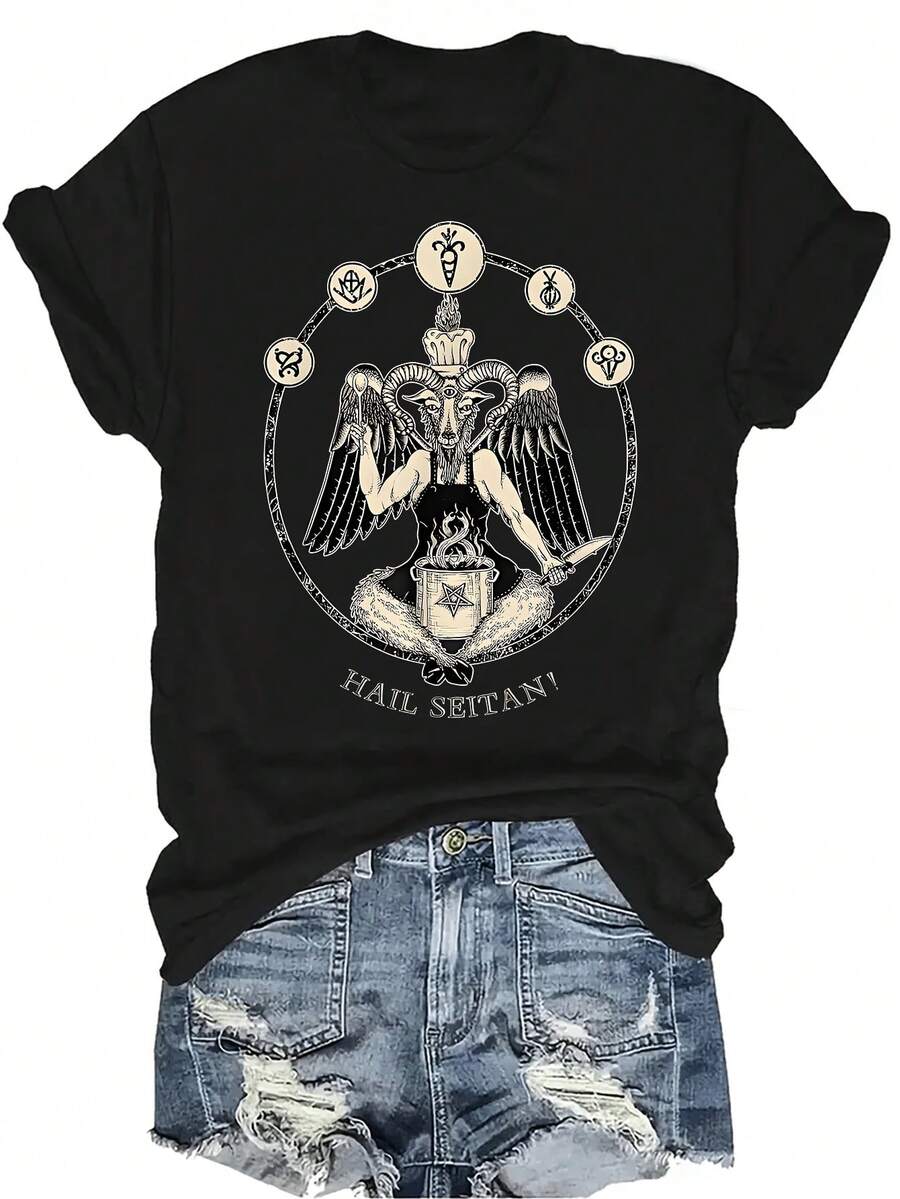 ¡Salve Seitan! Camiseta de chef vegano satánico Baphomet Ocultista para el hogar, para mujeres y unisex, de verano, casual, transpirable, con personalidad, cuello redondo, manga corta, ropa de calle, versátil, adecuada para adolescentes y adultos - Negro - Ver 1