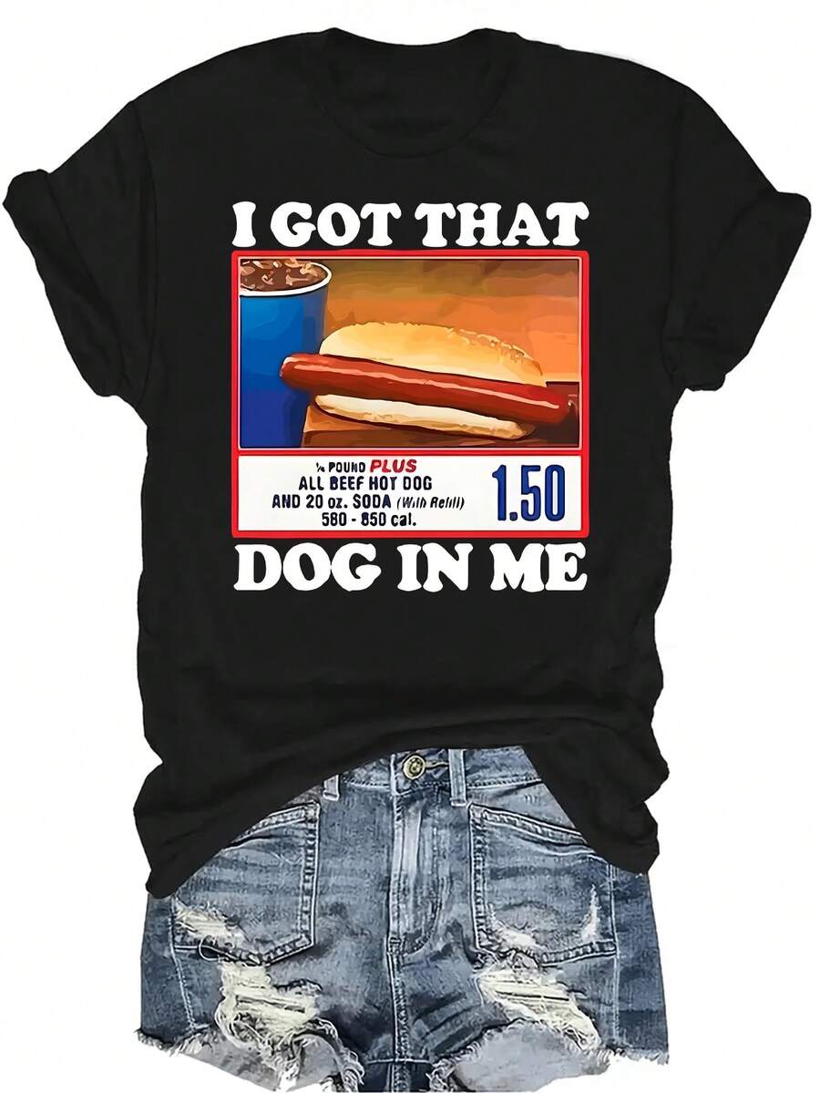 Camiseta con estampado de perro caliente para mujer y unisex, de verano, casual, transpirable, de personalidad, de cuello redondo, de manga corta, de uso versátil, adecuada para adolescentes y adultos - Negro - Ver 1