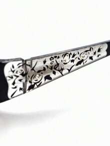 1pc Rectangular Rhinestone Flower Decorated Fashion Glasses, Suitable For Campus Outfits, Work And Everyday Wear - màu đen - Xem 5