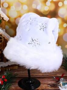 1 Peça Chapéu de Natal Branco de Pelúcia com Bordado de Flocos de Neve em Lantejoulas Douradas & Prateadas, Chapéu de Papai Noel para Decoração de Festa de Natal em Família, Decoração de Natal, Fantasia de Natal - Multicolorido - Visão 2