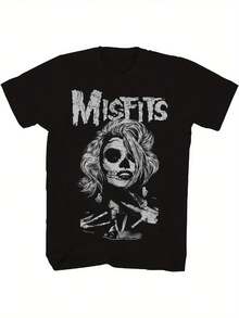 Men Misfits Band Graphic Tee Women Black Cotton Short Sleeve T-Shirt Punk Rock Music Design With Skull Floral Print Loose Fit Machine Washable Men Size S-3XL - màu đen - Xem 1