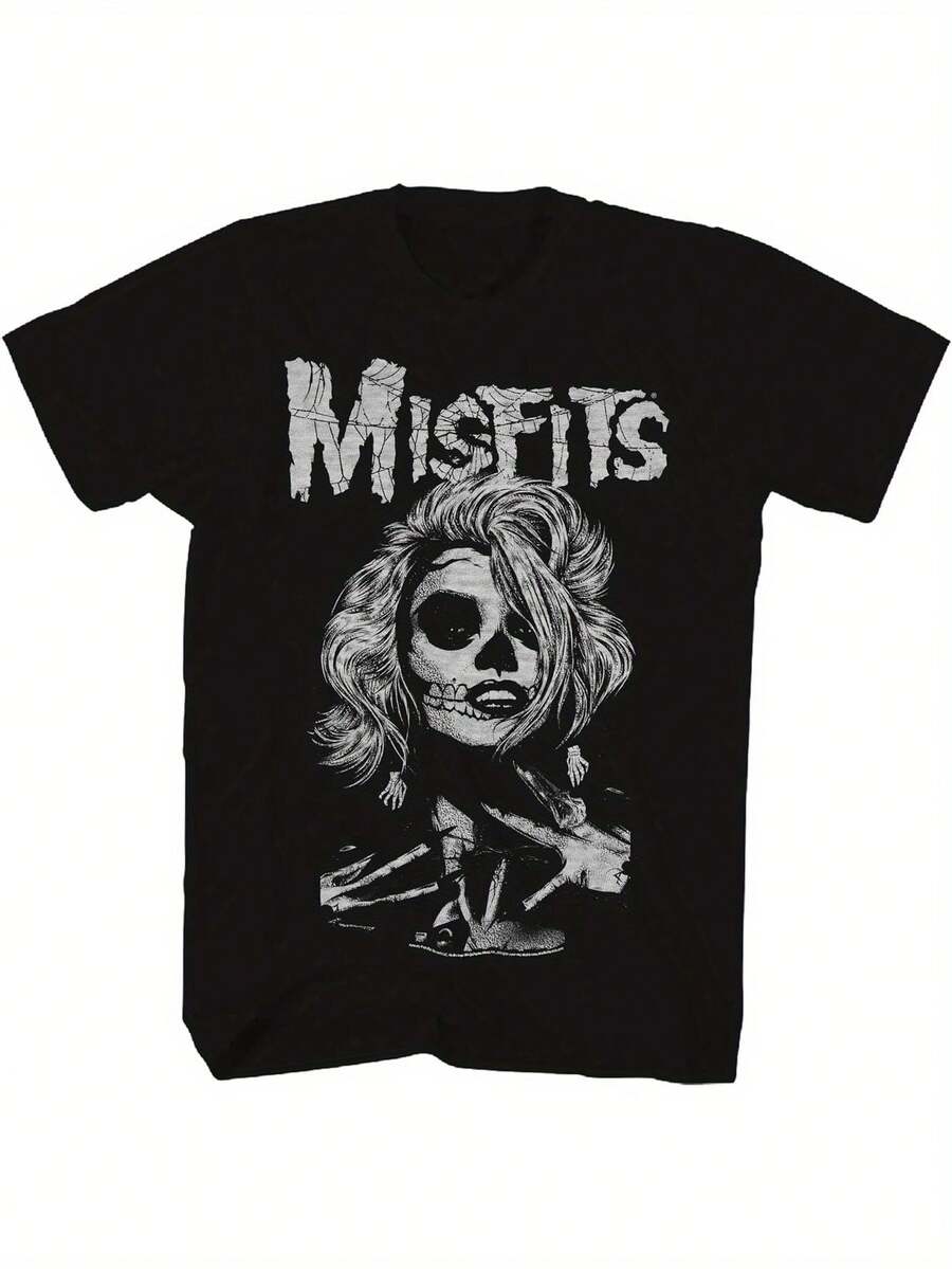 Men Misfits Band Graphic Tee Women Black Cotton Short Sleeve T-Shirt Punk Rock Music Design With Skull Floral Print Loose Fit Machine Washable Men Size S-3XL - màu đen - Xem 1