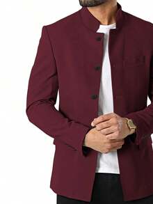 Mens Casual Suit Blazer Jackets Stand Mandarin Collar Lightweight Lined Sport Coats Business Coats - 酒紅色 - 查看 3