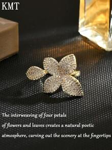 KMT 1pc Copper Inlaid Cubic Zirconia Flower & Leaf Elegant Chic Open Ring, Suitable For Party, Daily Wear, Gift - Gold - View 2