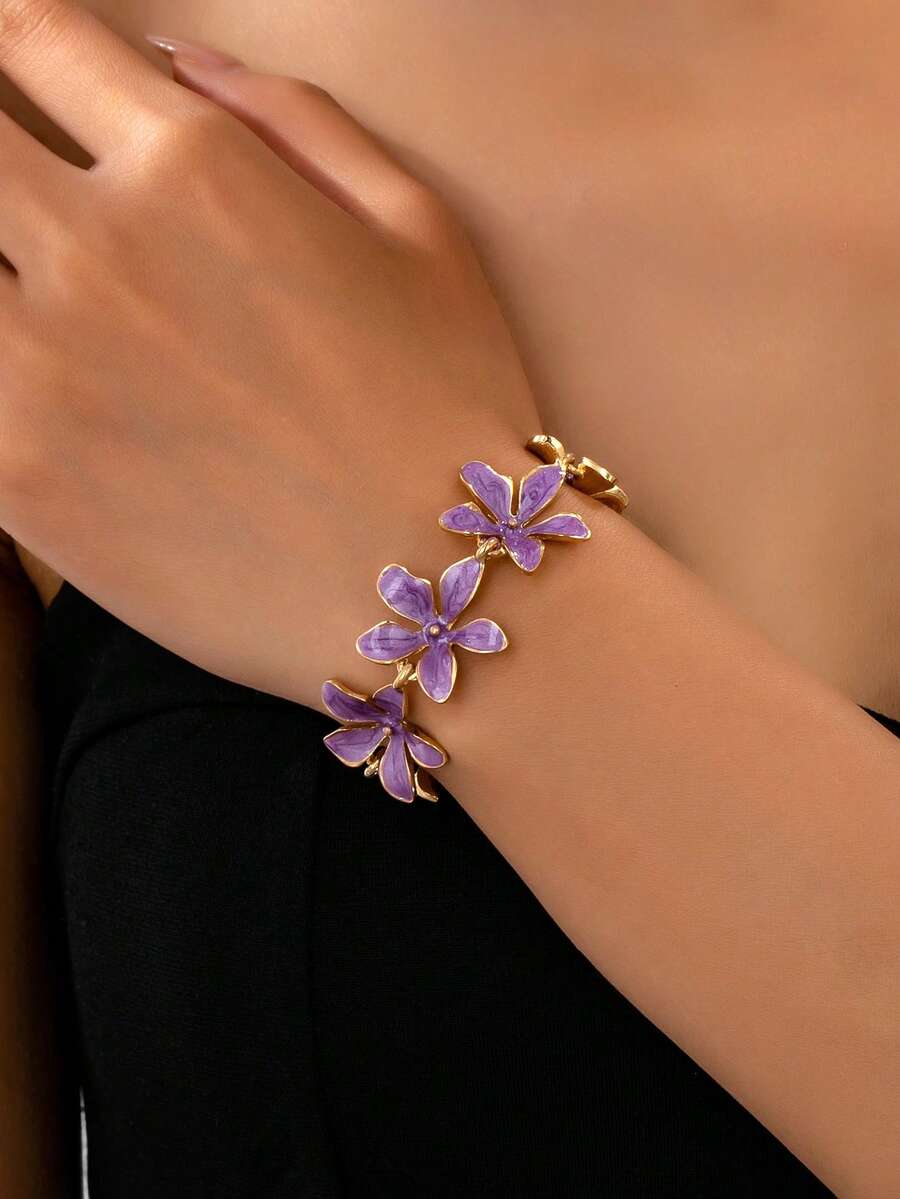 1 件优雅珐琅花复古风格手链，高端女士珠宝，适合日常佩戴 - 紫色 - 查看 1