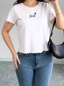 Blusa dama mujer estampado letras manga corta cuello redondo acaracolado fresco casual cómoda primavera verano diario días relajados salidas vacaciones calle - Blanco - Ver 3