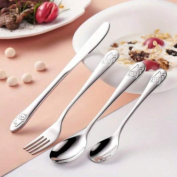 4/12/24pcs Stainless Steel Cutlery Set, Cute Cartoon Bear Pattern, Polished Finish, Knife, Fork, Dessert Spoon, Coffee Spoon, Kitchen Utensils, Suitable For Restaurant, Home, Party Gift Set, Dishwasher