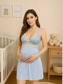 Postpartum And Maternity Nursing Nightgown With No Pads And Two-Tone Lace. - Baby Blue - View 1