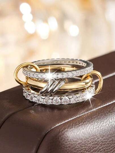1 Piece S925 Sterling Silver Fashionable Light Luxury Versatile Three Rings Interlocking Set With Sparkling Zirconia Ring For Women's Daily Party Wear, Quality Jewelry Gift