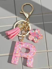 1pc Pink Sequin Letter Keychain Resin Pendant Keyring With Flower Tassel Decoration, Suitable For Women, Friends, Classmates As A Decoration, Fashionable And Creative Design Birthday Accessory, Bag Charm, Women's Fashion Jewelry, Metal Keychain, Creative Christmas Gift Ideas Bag Charms Car Accessories Teacher Sister - Pink - View 7