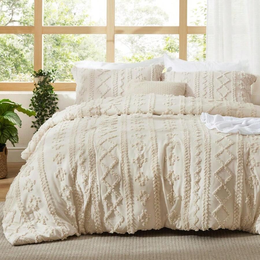 Bedsure Mother's Day Tufted Boho Comforter Set - Linen Boho Bed Set, GentleSoft™ 3 Pieces Farmhouse Shabby Chic Embroidery Bedding, For Spring Decor, Wedding Decor, Easter Decor, Room Decor, Home Decor - Gạo da hươu - Xem 1