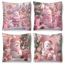 4pcs Modern Christmas Pillow Set - Dreamy Pink Santa, Snowman & Tree Print, Machine Washable Zippered Polyester Covers, Suitable For Living Room Decor, Sofa Cushions, Multiple Sizes Available (Filling Not Included) Home Decor Christmas Decorations Christmas Decorations Home