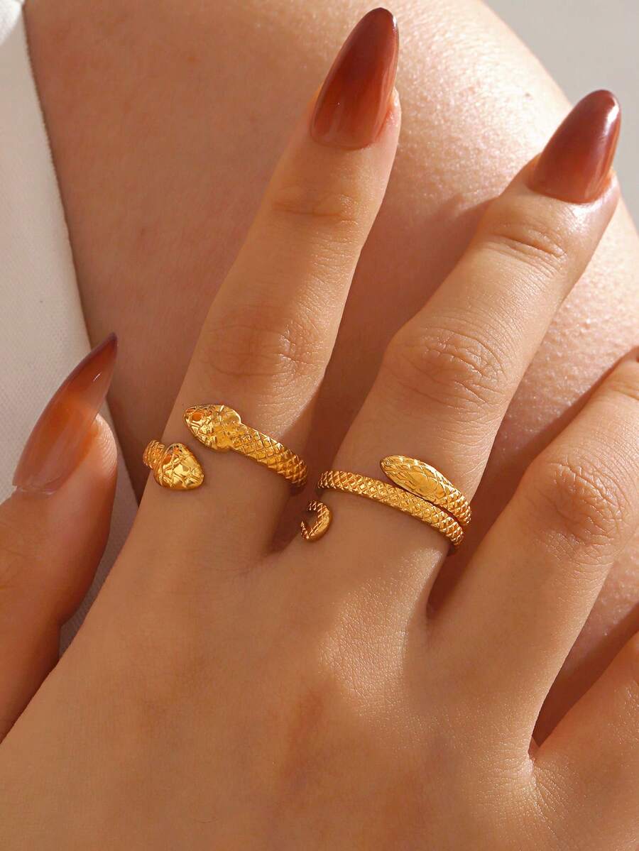 2 件不锈钢 18K 镀金简约蛇形戒指,适合女性日常佩戴 - 彩色 - 查看 1