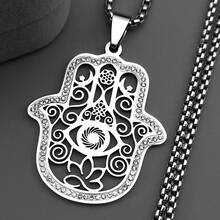 Hamsa Fatima's Hand Evil Eye Lotus Stainless Steel Necklace For Women Men Gold Color Rhinestones Islam Chain Arabic Jewelry