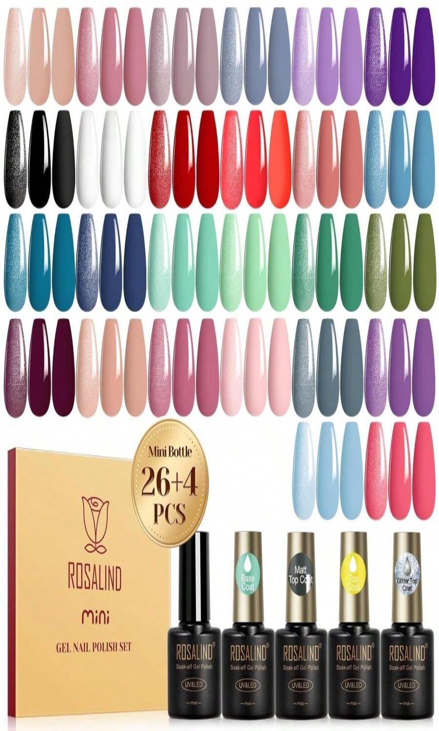 ROSALIND 30PCS Gel Nail Polish Set With Base Coat And Glossy Matte Glitter Top Coat Gel Polish, 26 Multicolored Gel Nail Set For Beginners Nail Art At Home - 黑色 - 查看 1