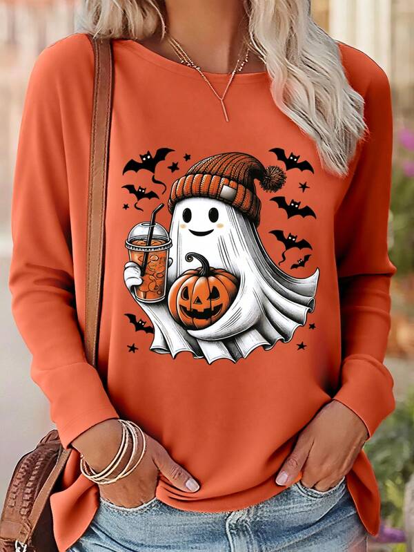 Camiseta de manga larga casual de cuello redondo con estampado de fantasmas y calabazas para mujeres