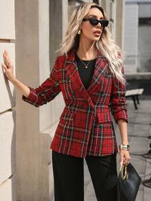 Chaqueta elegante de tweed rojo y verde navideño con cintura ceñida y botones dorados para uso diario, de doble botonadura a cuadros para mujer