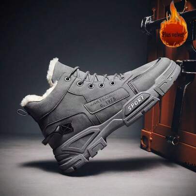 Men's Casual Outdoor Snow Boots - Thick Cushioned Black Mid-Top Lace-Up Sports Shoes, With Durable PU Upper And PVC Sole, Suitable For Daily Wear, Travel And Outdoor Activities