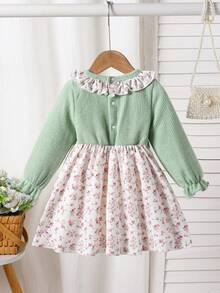 Baby Girls' Fresh & Sweet Ditsy Floral Patchwork Knit Dress, Casual Everyday Wear For Spring/Autumn