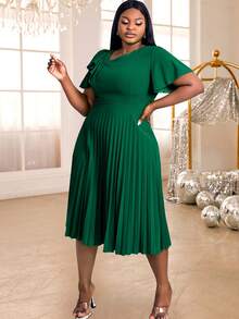 Plus Size Women Asymmetric Neckline Elegant Ruffle Sleeve A-Line Dress, Suitable For Commute, Graduation Ceremony, Church Service, Graduation Gown - Màu xanh lá cây đậm - Xem 5