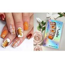 24 Pcs Fall Thanksgiving Orange Press On Nails Short Square - ZWENJIE Cute Glitter Fake Nails Press Ons Nail Art Tips With Autumn Leaves Lattice Design Full Cover Acrylic False Nails Glue On Nails Kit - 款式 J03 - 查看 2