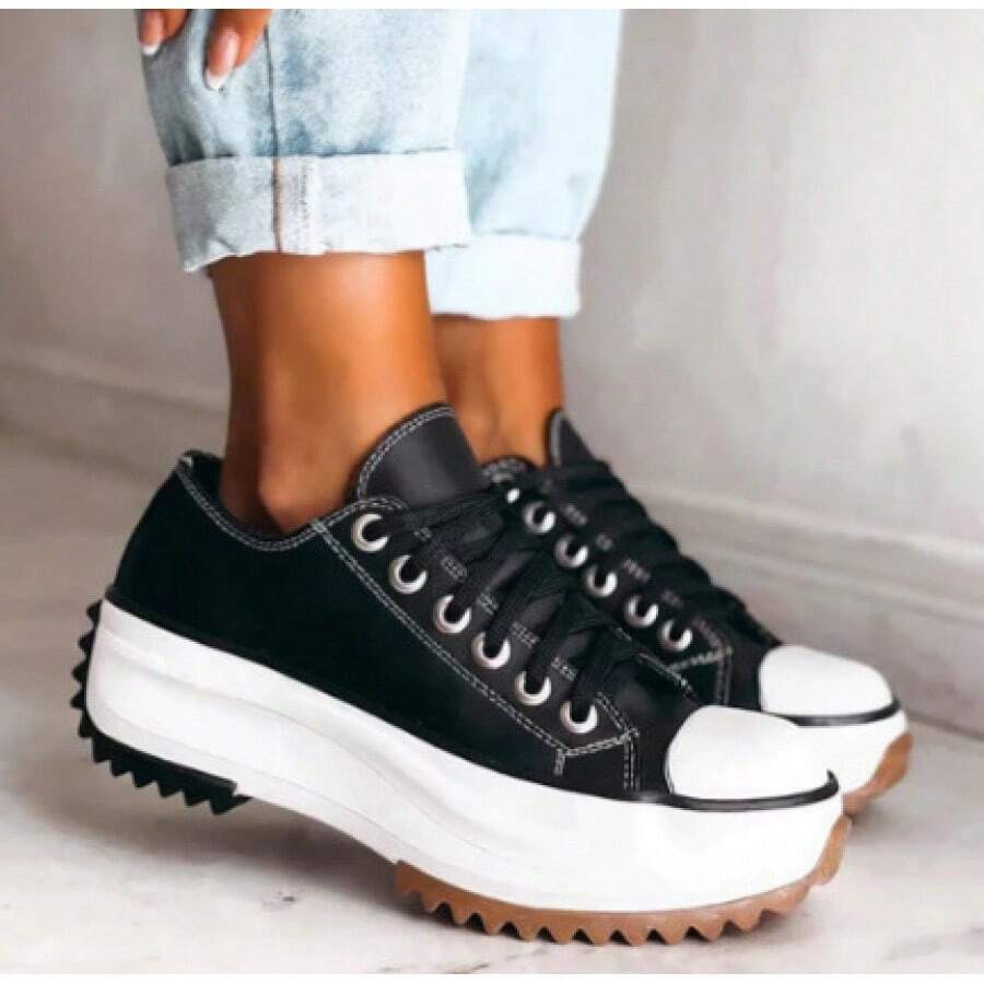 Spring New Low-Top Thick-Soled Canvas Shoes Women, Adhesive Shoes, In-Stock Flat Canvas Shoes, Women's Single Shoes Size 43, Elegant Women's Shoes - 黑色鞋帶 - 查看 1