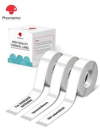  3 rollos de Etiquetas autoadhesivas térmicas Phomemo D30 de 12 x 40 mm (0.47 x 1.57 pulgadas), 160 etiquetas/rollo, compatibles con impresoras de etiquetas Phomemo D30 D30S D32 D35 D50 Q30 Q30S Q31, adecuadas para uso doméstico, escolar, negro sobre blanco