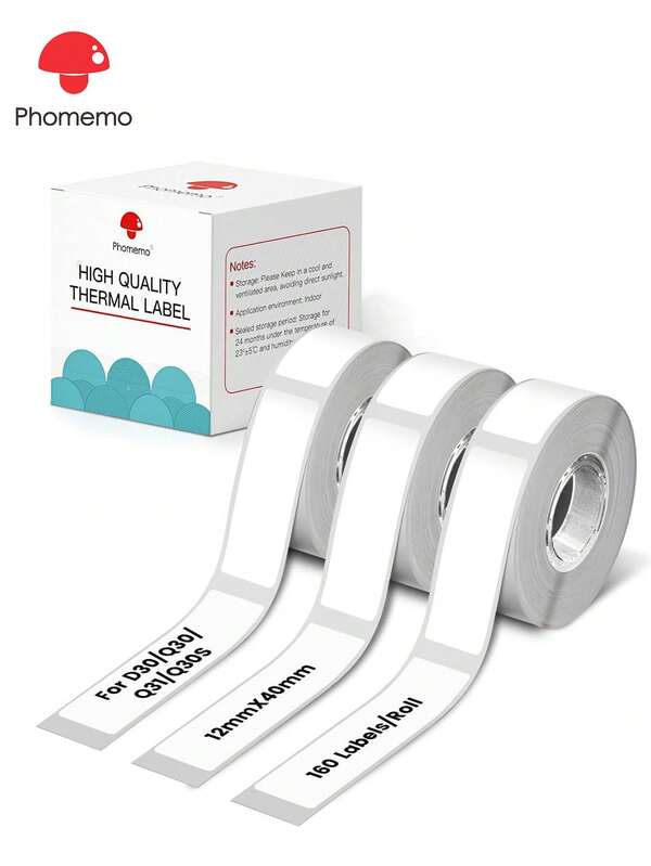 Phomemo Etiqueta autoadesiva térmica Phomemo D30, 12 x 40 mm (0,47 x 1,57 pol.), 160 etiquetas/rolo, fita de etiquetas Phomemo D30 compatível com impressoras de etiquetas D30, D30S, D32, D35, D50, Q30, Q30S e Q31, adequada para casa e escola, preta e branca, 3 rolos