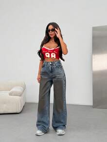 SQUALO Women's Wide Leg Color With Pocket Details Destroyed Retro Washed Street Style Jeans Ripped And Cutout Wide Leg Jeans - Biru - View 4