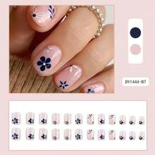 Short Press Square Fake Floral False Nails With Dark Blue Flower Design - Glue On Glossy Full Cover Stick On Cute Acrylic Artificial Nails For Women Manicure - 24Pcs - 深藍色 - 查看 3