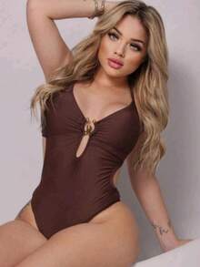 Women's May Disguise Belly With Padding And Ring Beach Fashion Pool Summer - 棕色(有環) - 查看 1