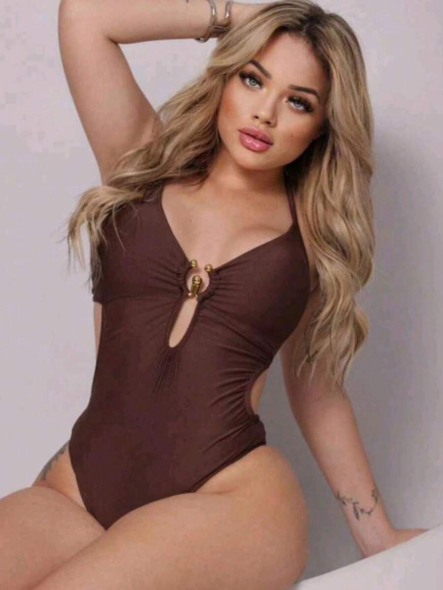 Women's May Disguise Belly With Padding And Ring Beach Fashion Pool Summer - 棕色(有環) - 查看 1