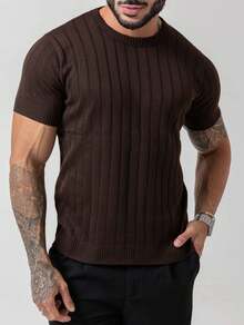 Men's Textured Lightweight Knit T-Shirt, High Quality Premium Spring Summer 26 - Rust Brown - View 4