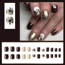 24 Pcs Fall Thanksgiving Orange Press On Nails Short Square - ZWENJIE Cute Glitter Fake Nails Press Ons Nail Art Tips With Autumn Leaves Lattice Design Full Cover Acrylic False Nails Glue On Nails Kit - 款式 J01 - 查看 3