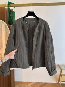 Women's Casual Jacket, Striped Woven Fabric, Pockets, Zipper, Puff Shoulder Design, Oversized Fit, Suitable For Various Figures, High-Quality Solid Color, Simple & Fashionable, Versatile For Daily Commute In Autumn/Winter - Grey - View 12