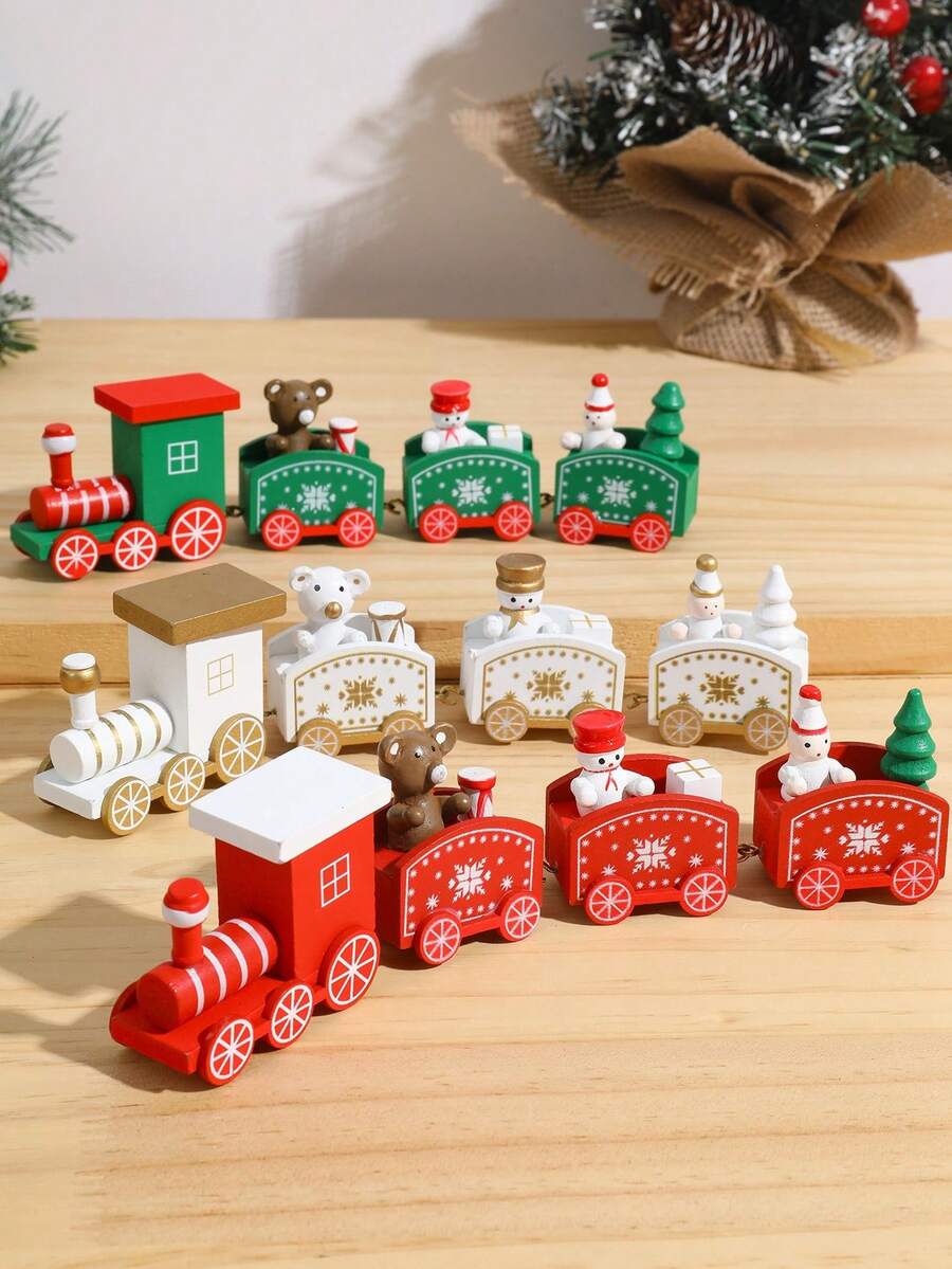 3 món đồ trang trí xe lửa gỗ bốn đoạn cho Giáng sinh, cây thông Noel xanh đỏ trắng và người tuyết thiết kế làm quà tặng tiệc Giáng sinh, đồ trang trí Giáng sinh để bàn trong vườn, đồ trang trí Giáng sinh, đồ trang trí Giáng sinh cho gia đình, đồ trang trí bàn Giáng sinh, mặt dây chuyền trang trí Giáng sinh vui vẻ, đồ trang trí mùa đông