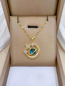 1pc Stainless Steel Ladies Necklace With Moon Shape Pendant Decorated With Starry Sky Stone And Rhinestone {Necklace Box Not Included} - 金子 - 查看 9