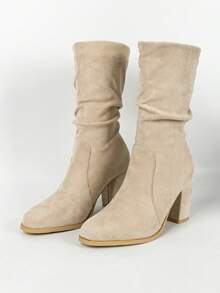 Chunky Heel Slouchy Boots Round Toe Suede Slim Tall Boots For Women, New Autumn/Winter Mid-Calf Riding Boots, Fur Trim, Apricot - Apricot - View 16